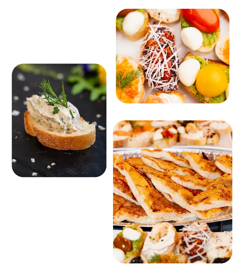 Голямо разнообразие от хапки, пици, брускети, кюфтенца, сладки, торти, напитки, кейкове.